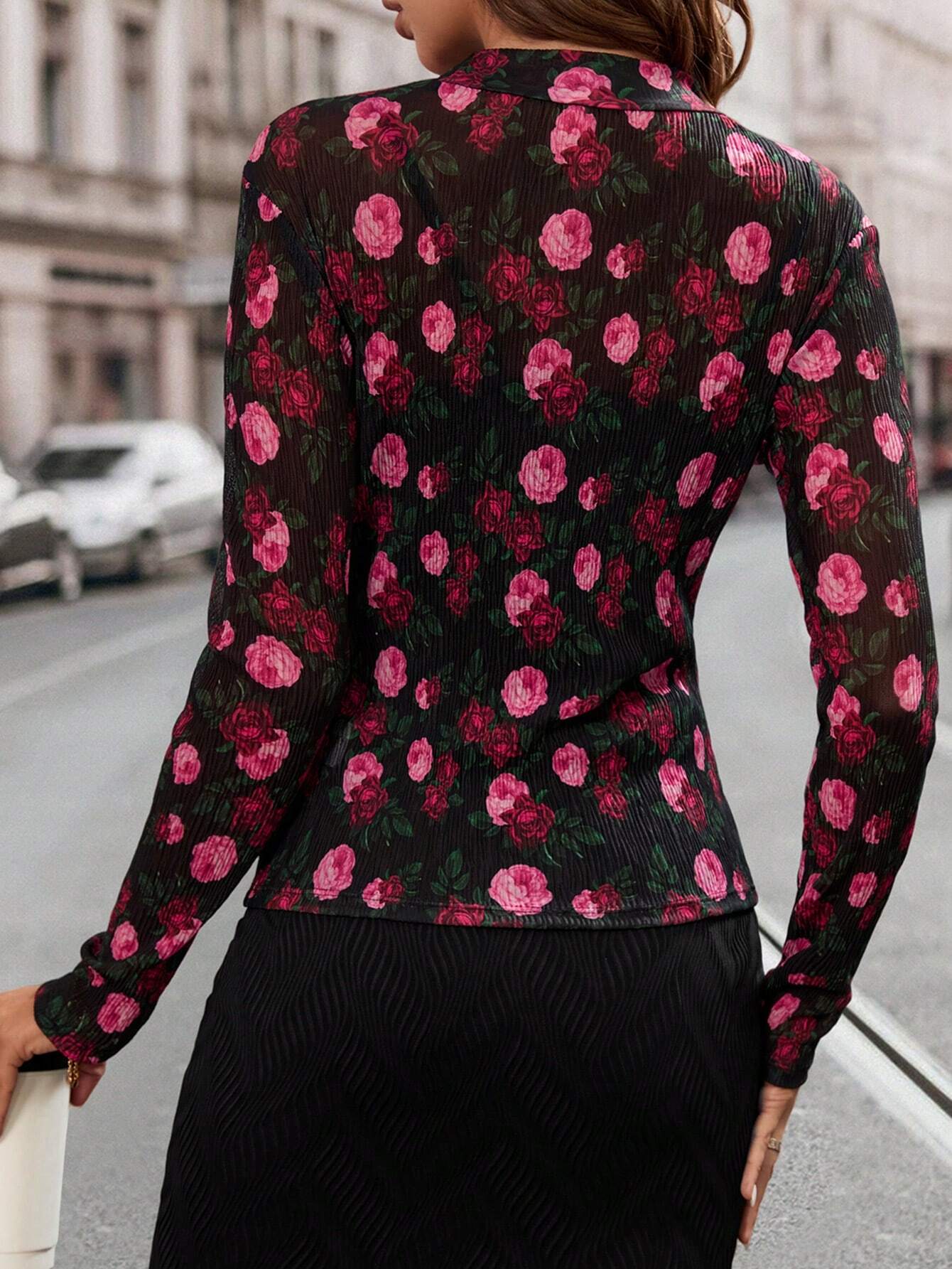SHEIN Clasi Camiseta De Cuello Alto Para Mujer Con Estampado Floral