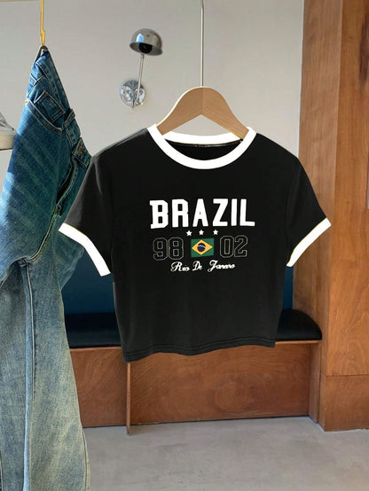 SHEIN Comfortcana Camiseta casual de verano para mujer de manga corta con impresión de letra y cuello redondo