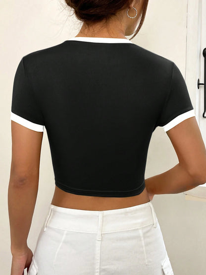 SHEIN Comfortcana Camiseta casual de verano para mujer de manga corta con impresión de letra y cuello redondo