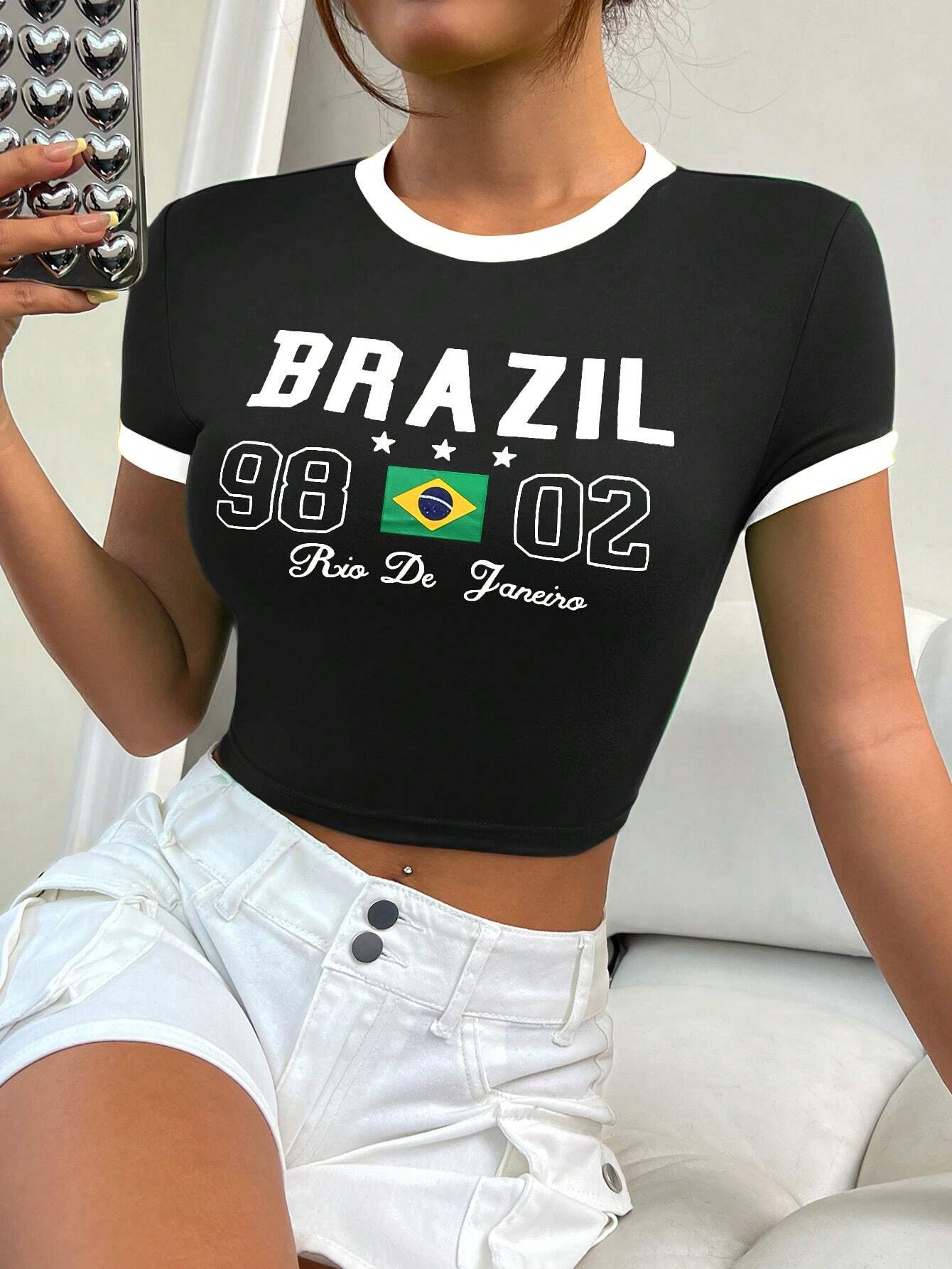 SHEIN Comfortcana Camiseta casual de verano para mujer de manga corta con impresión de letra y cuello redondo