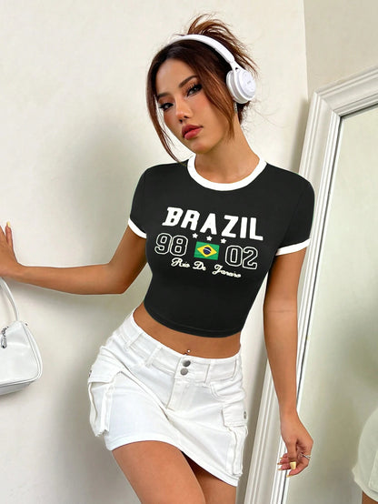 SHEIN Comfortcana Camiseta casual de verano para mujer de manga corta con impresión de letra y cuello redondo