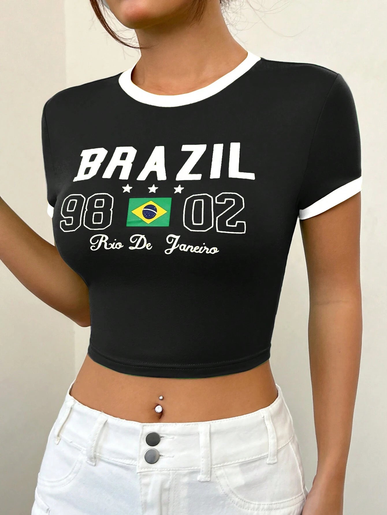 SHEIN Comfortcana Camiseta casual de verano para mujer de manga corta con impresión de letra y cuello redondo
