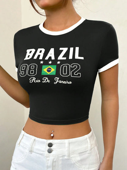 SHEIN Comfortcana Camiseta casual de verano para mujer de manga corta con impresión de letra y cuello redondo