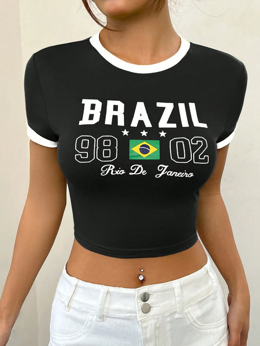 SHEIN Comfortcana Camiseta casual de verano para mujer de manga corta con impresión de letra y cuello redondo