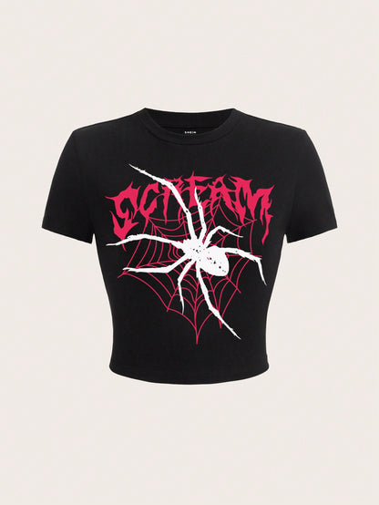 SHEIN Coolane Camiseta ajustada de manga corta con cuello redondo y estampado de araña, apropiada para el verano, para mujeres