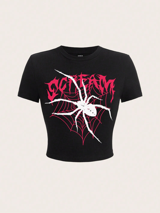 SHEIN Coolane Camiseta ajustada de manga corta con cuello redondo y estampado de araña, apropiada para el verano, para mujeres