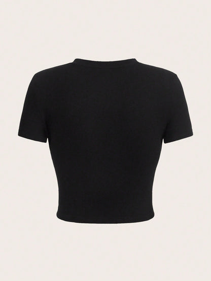 SHEIN Coolane Camiseta ajustada de manga corta con cuello redondo y estampado de araña, apropiada para el verano, para mujeres