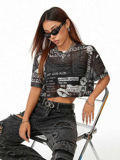 SHEIN Coolane Camiseta de malla transpirable para mujer de manga corta, cuello redondo y corte corto para el verano