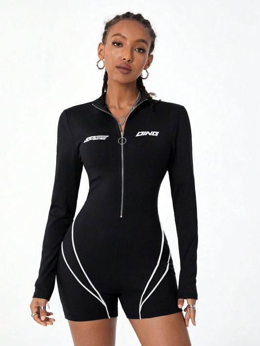 SHEIN Coolane Mono de ajuste para mujer con estilo de calle, de manga estrecha, con estampado de letras, ribetes contrastantes y cremallera