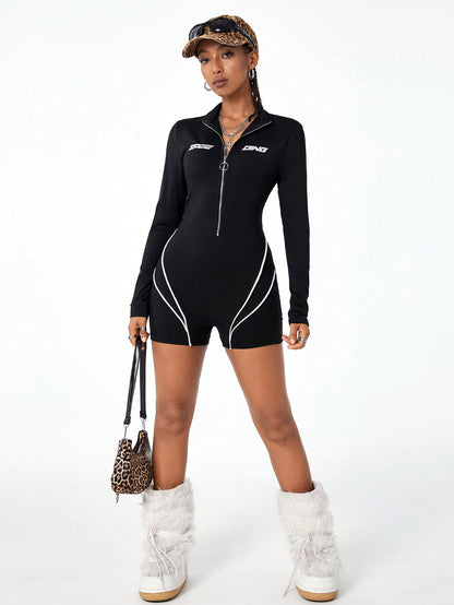 SHEIN Coolane Mono de ajuste para mujer con estilo de calle, de manga estrecha, con estampado de letras, ribetes contrastantes y cremallera
