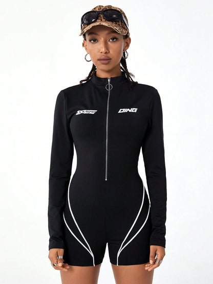 SHEIN Coolane Mono de ajuste para mujer con estilo de calle, de manga estrecha, con estampado de letras, ribetes contrastantes y cremallera
