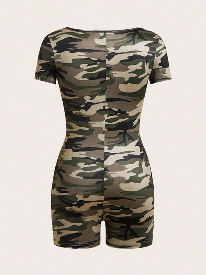 SHEIN Coolane Mono univocador de camuflaje para mujer, ajustado al Body, adecuado para el verano