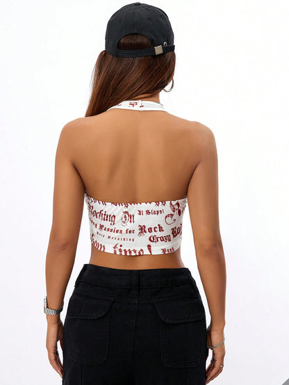 SHEIN Coolane Top Con Letra Impresa Y Cuello De Halter Para Mujeres