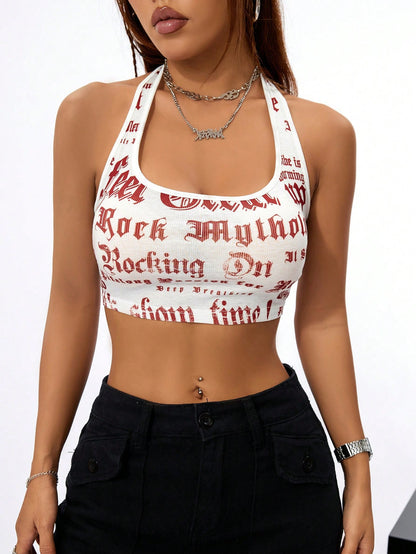 SHEIN Coolane Top Con Letra Impresa Y Cuello De Halter Para Mujeres