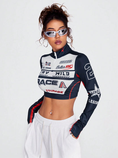 SHEIN Coolane Top De Manga Larga Con Cuello Medio Abierto Y Cremallera Estampada