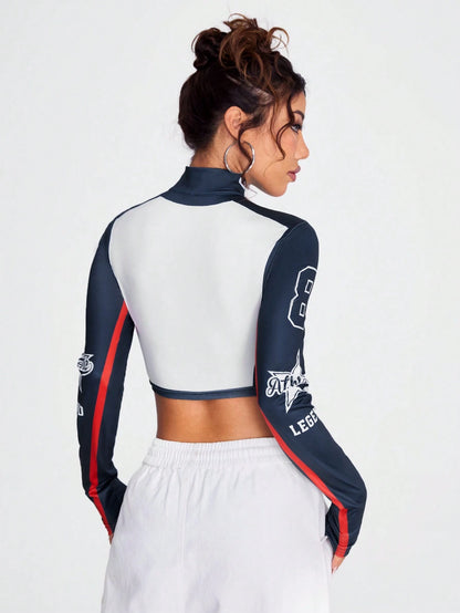 SHEIN Coolane Top De Manga Larga Con Cuello Medio Abierto Y Cremallera Estampada