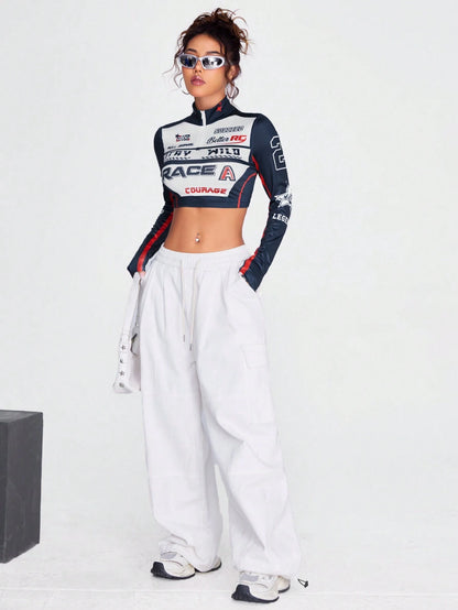 SHEIN Coolane Top De Manga Larga Con Cuello Medio Abierto Y Cremallera Estampada