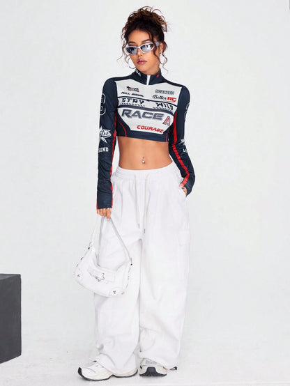 SHEIN Coolane Top De Manga Larga Con Cuello Medio Abierto Y Cremallera Estampada