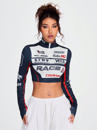SHEIN Coolane Top De Manga Larga Con Cuello Medio Abierto Y Cremallera Estampada