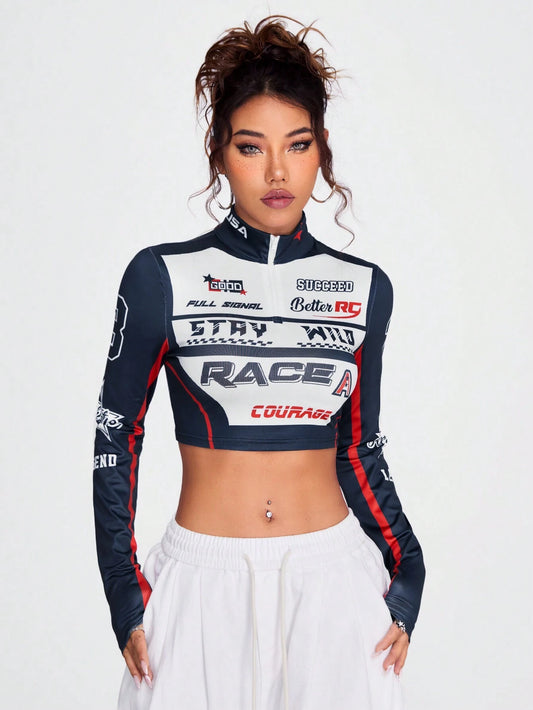 SHEIN Coolane Top De Manga Larga Con Cuello Medio Abierto Y Cremallera Estampada