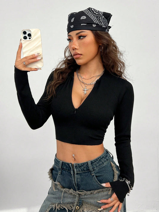 SHEIN Coolane Top negra con cremallera y tejido de gofre tipo body corto para mujer, uso urbano