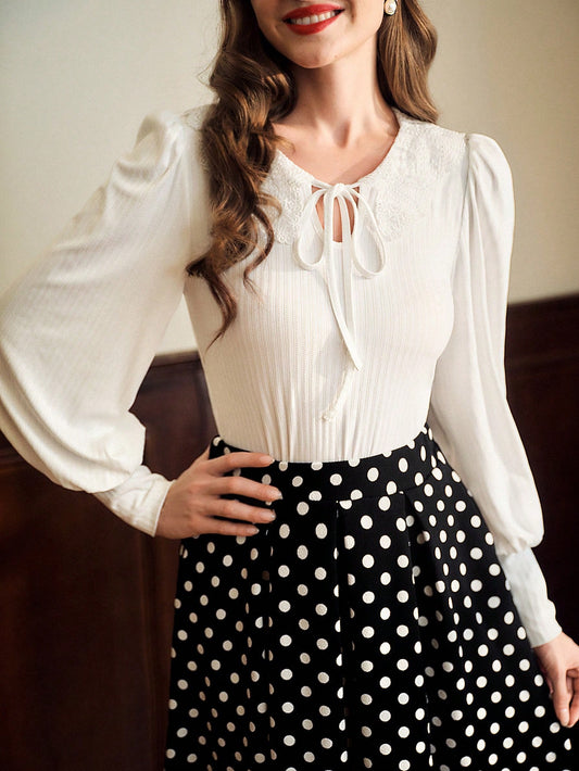 SHEIN DECDS Camiseta casual de mujer con cuello redondo, manga globo larga, raglán, contraste de encaje y bordado, ajuste ceñido, elástico, elegante y vintage para otoño, invierno, Halloween, fiesta