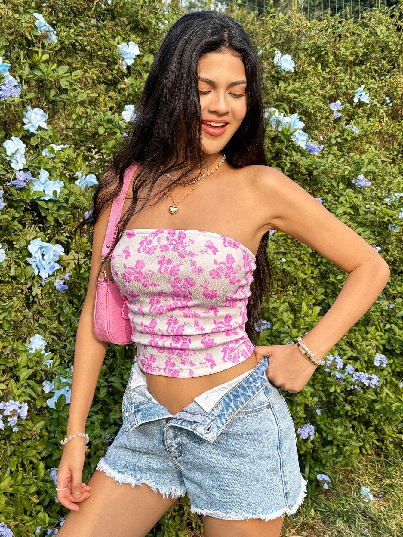 SHEIN WYWH Top De Tubo Con Estampado Floral Para Mujeres
