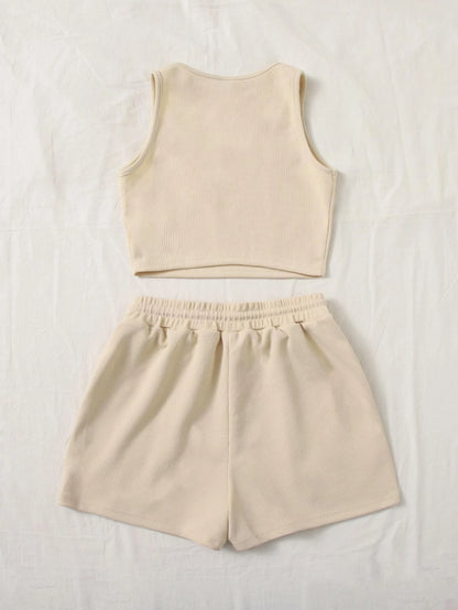 SHEIN EZwear 2 piezas/set Camiseta ajustada de cuello redondo con gráfico "CALIFORNIA" y shorts ajustados con cordón en la cintura para mujer, de verano