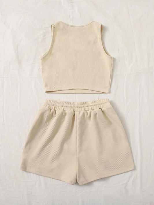 SHEIN EZwear 2 piezas/set Camiseta ajustada de cuello redondo con gráfico "CALIFORNIA" y shorts ajustados con cordón en la cintura para mujer, de verano