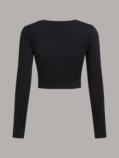 SHEIN EZwear 3 piezas Camiseta de mujer de manga larga ajustada de cuello redondo con estampado de letras casual, verano