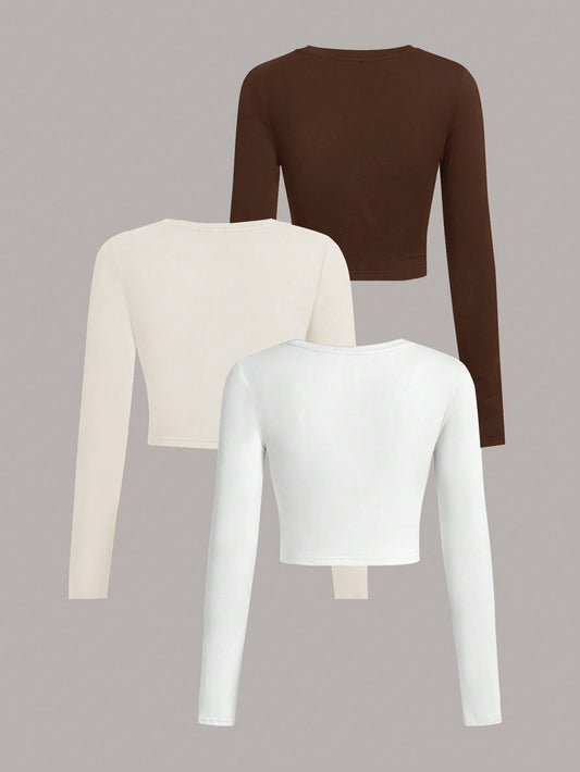SHEIN EZwear 3 piezas de camiseta casual de manga larga y cuello redondo de ajuste delgado para mujer, para el verano