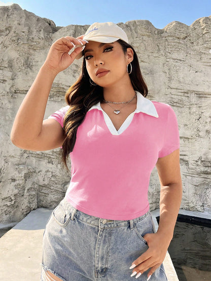 SHEIN EZwear Blusa de punto de talla grande con cuello en V y ribete de color contrastante para mujeres de talla grande