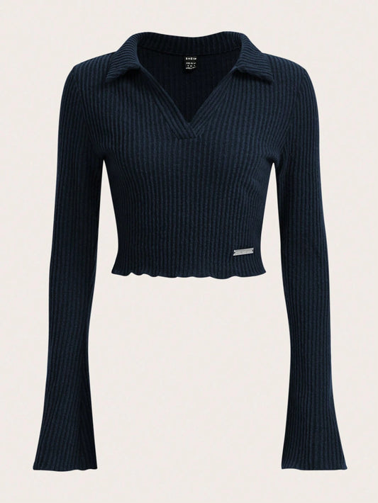 SHEIN EZwear Camiseta De Manga Larga De Punto Acanalado Con Detalle De Parche Para Mujer