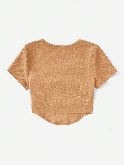 SHEIN EZwear Camiseta De Mujer Con Dobladillo Curvo Y Textura En Color Sólido