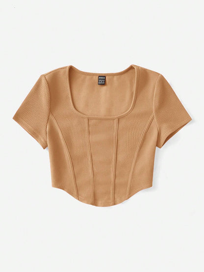 SHEIN EZwear Camiseta De Mujer Con Dobladillo Curvo Y Textura En Color Sólido