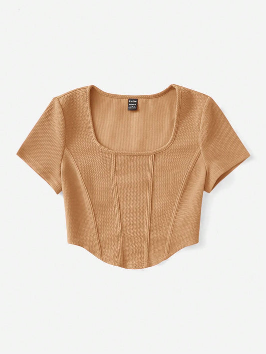 SHEIN EZwear Camiseta De Mujer Con Dobladillo Curvo Y Textura En Color Sólido