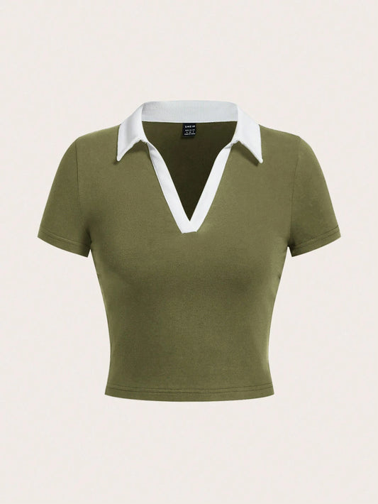 SHEIN EZwear Camiseta De Mujer De Punto Con Solapa Y Bloques De Color