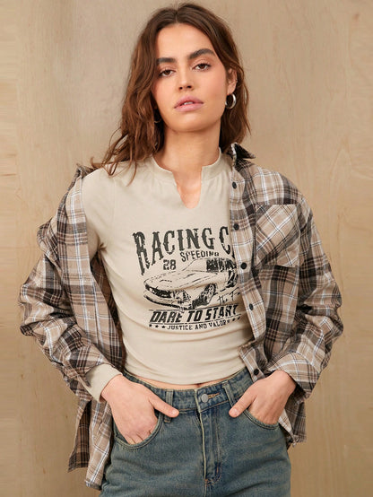 SHEIN EZwear Camiseta De Mujer Impresa Con Eslogan Y Coche De Color Albaricoque