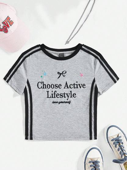 SHEIN EZwear Camiseta ajustada con bordado de eslogan tejida para mujer, elija el estilo de vida activo, ámese a sí mismo