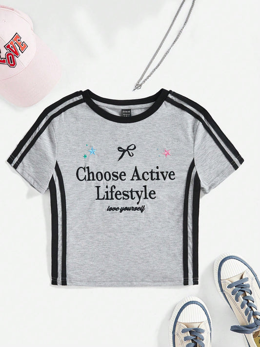 SHEIN EZwear Camiseta ajustada con bordado de eslogan tejida para mujer, elija el estilo de vida activo, ámese a sí mismo