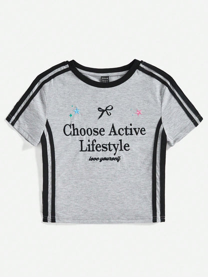 SHEIN EZwear Camiseta ajustada con bordado de eslogan tejida para mujer, elija el estilo de vida activo, ámese a sí mismo