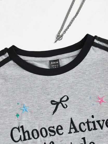 SHEIN EZwear Camiseta ajustada con bordado de eslogan tejida para mujer, elija el estilo de vida activo, ámese a sí mismo