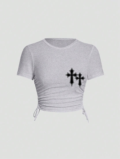 SHEIN EZwear Camiseta ajustada corta con cuello redondo, manga corta, diseño cruzado estampado y cordón lateral para mujer, adecuada para el verano