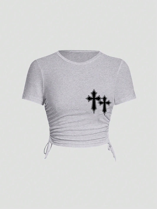 SHEIN EZwear Camiseta ajustada corta con cuello redondo, manga corta, diseño cruzado estampado y cordón lateral para mujer, adecuada para el verano