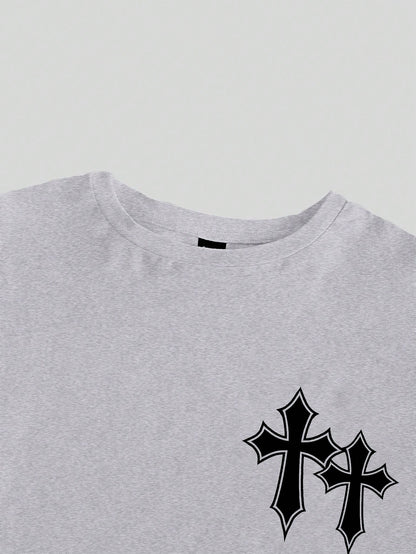 SHEIN EZwear Camiseta ajustada corta con cuello redondo, manga corta, diseño cruzado estampado y cordón lateral para mujer, adecuada para el verano