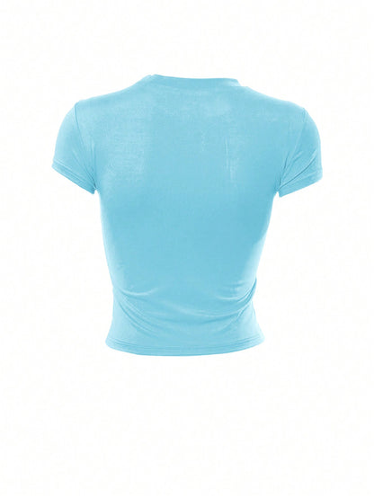 SHEIN EZwear Camiseta casual de mujer de verano con mangas cortas, corte deshilachado y estampado de letras con cuello redondo