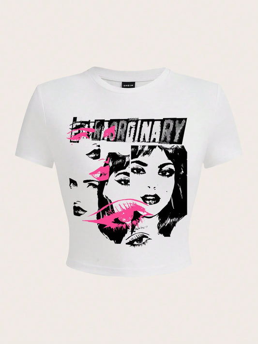 SHEIN EZwear Camiseta casual para mujer con cuello redondo, manga corta y ajuste entallado con estampado de letras y personajes