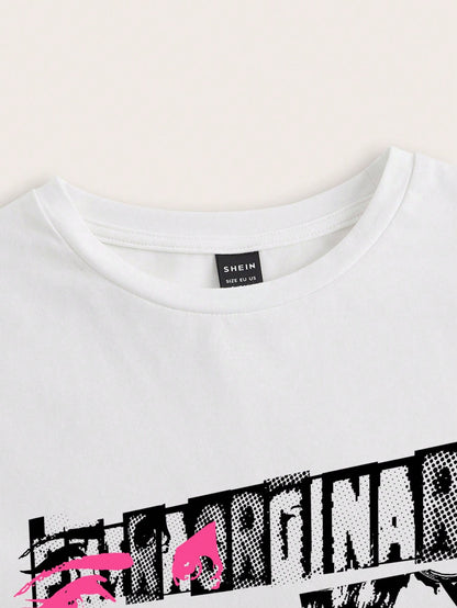 SHEIN EZwear Camiseta casual para mujer con cuello redondo, manga corta y ajuste entallado con estampado de letras y personajes
