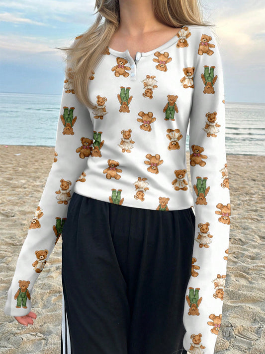 SHEIN EZwear Camiseta con cremallera de manga larga con estampado de oso adorable para mujeres, adecuada para otoño e invierno