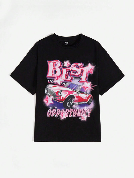 SHEIN EZwear Camiseta con estampado de coche y letra